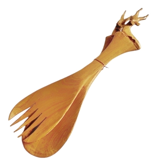 VINTAGE Wooden Carved Brown Elk Salad Fork Spoon Utensils Kenya - Picture 2 of 10